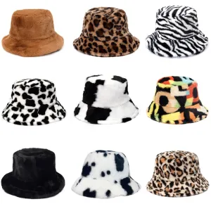 Winter Cow Leopard Faux Fur Fluffy Bucket Hats Women Outdoor Warm Sun Hat Soft Velvet Furly Fisherman Cap Lady Fashion Panama