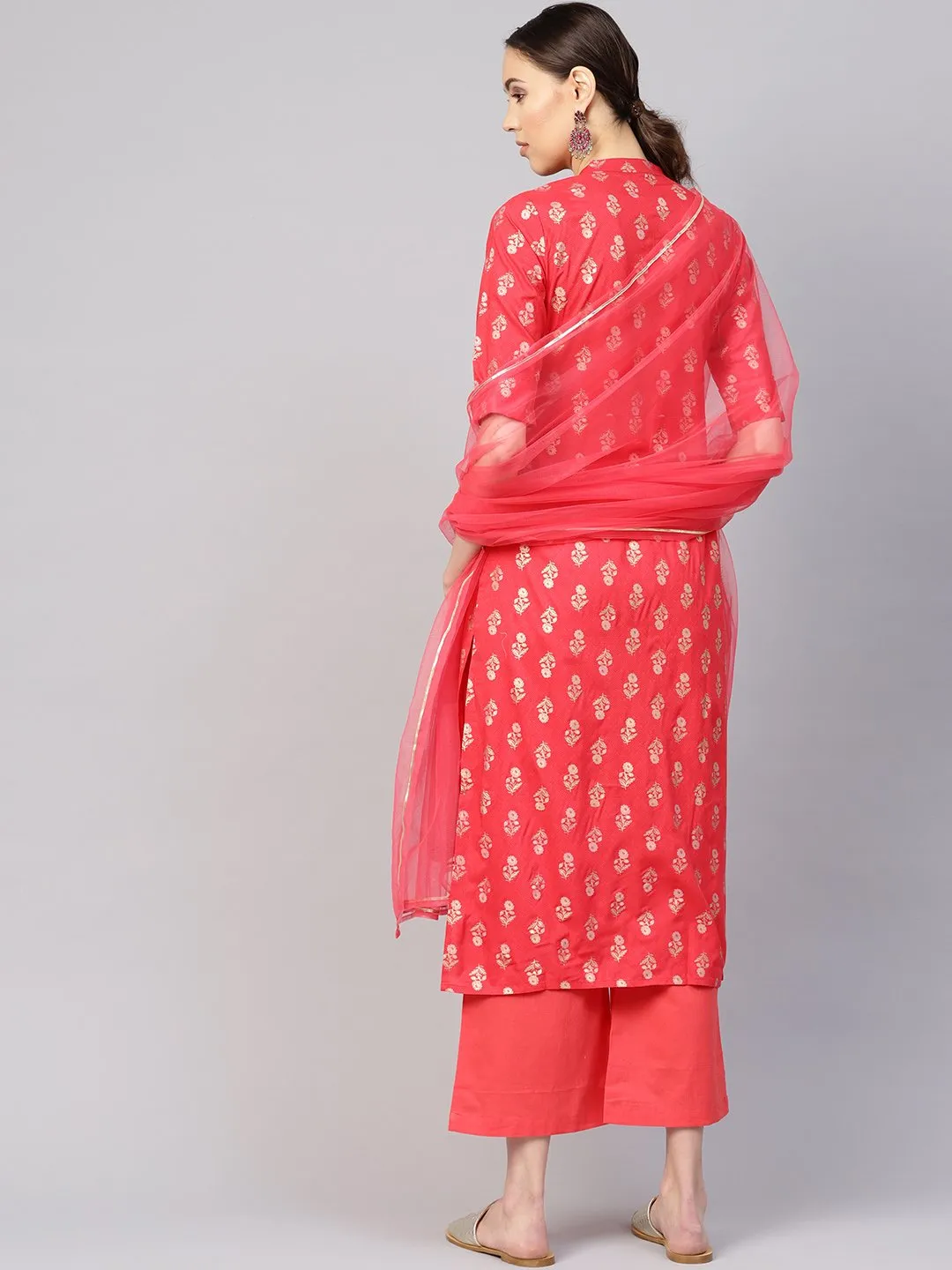 Women Coral Red & Golden Printed Kurta With Palazzos & Dupatta