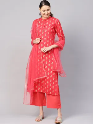 Women Coral Red & Golden Printed Kurta With Palazzos & Dupatta