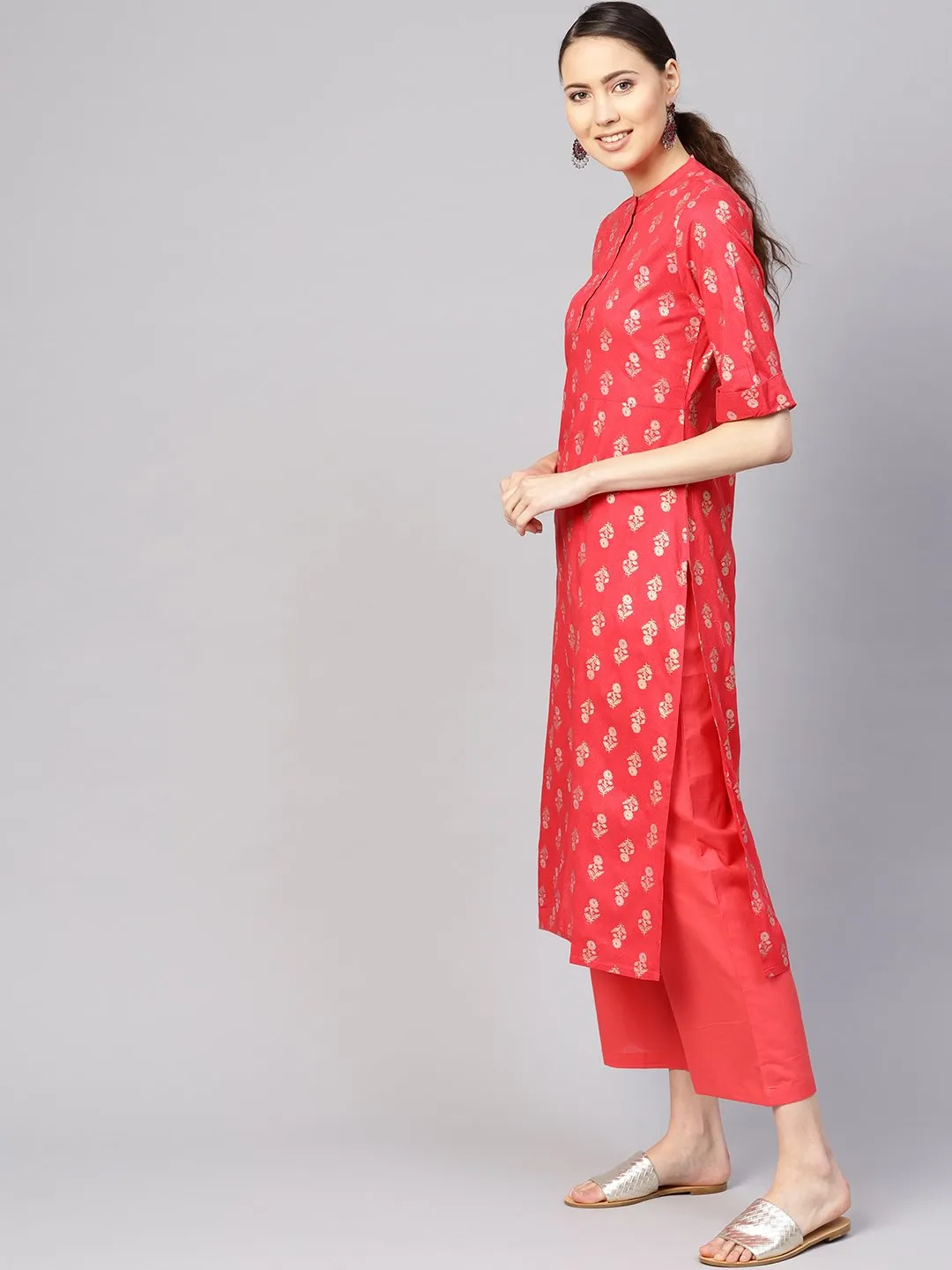 Women Coral Red & Golden Printed Kurta With Palazzos & Dupatta
