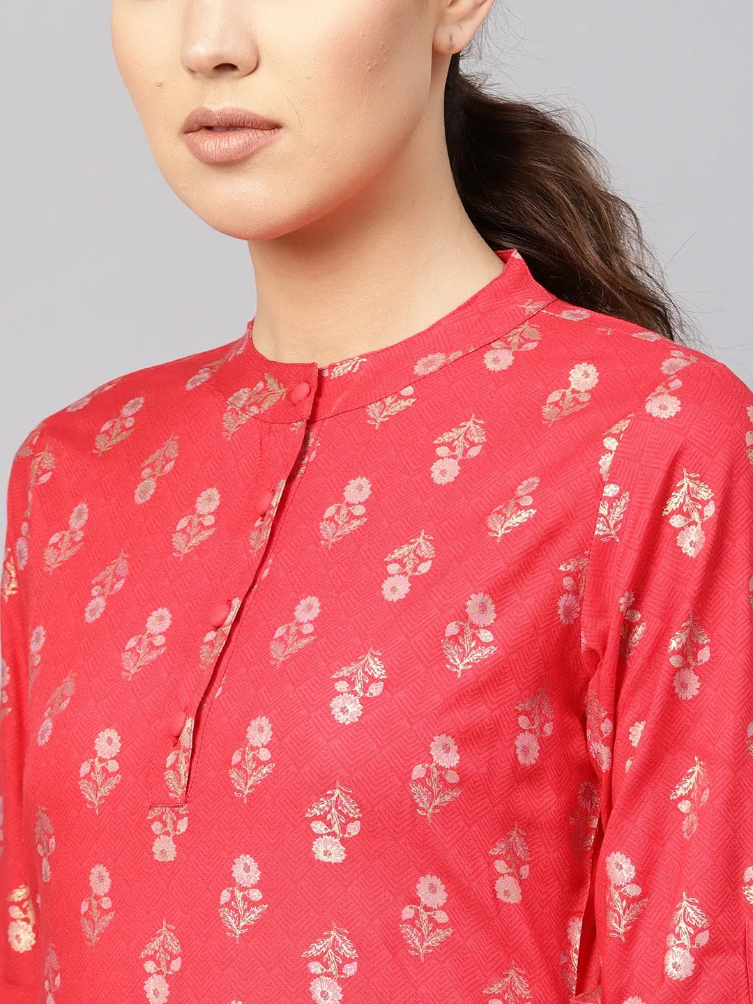 Women Coral Red & Golden Printed Kurta With Palazzos & Dupatta