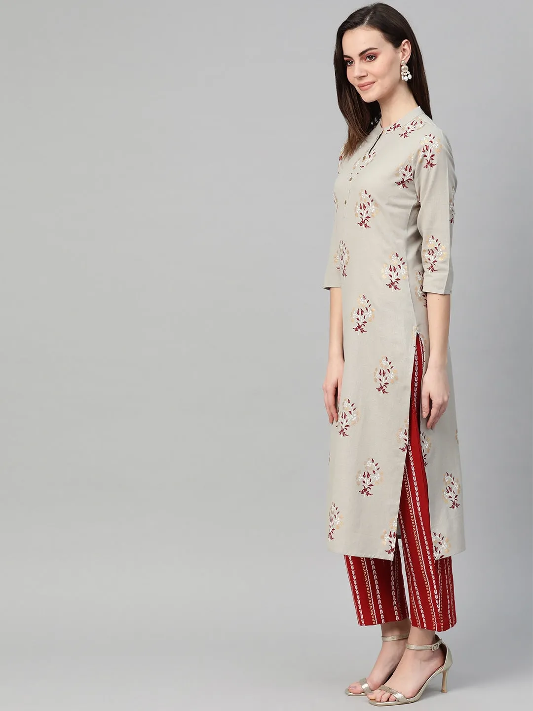 Women Grey & Red Printed Kurta Set