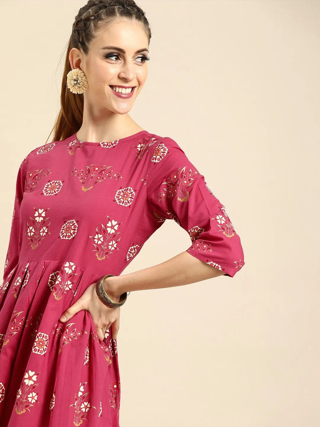 Women Magenta Floral Printed Round Neck A-Line Dress