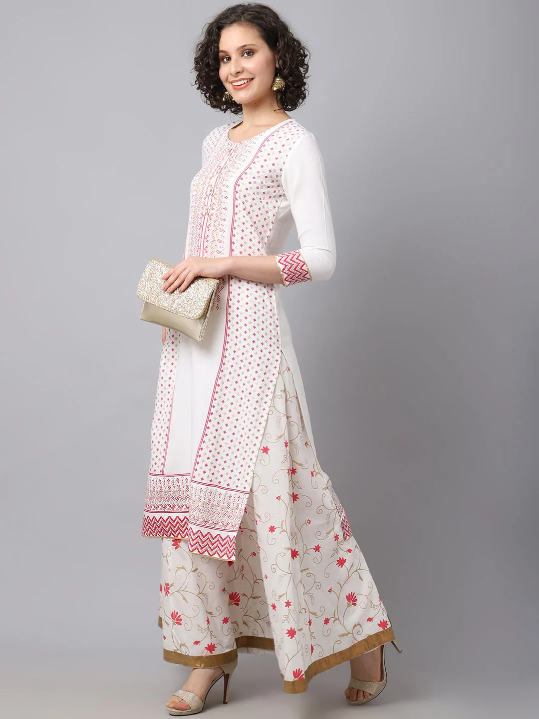 Women Off White Geometric Embroidered Thread Work Kurta And Printed Skirt