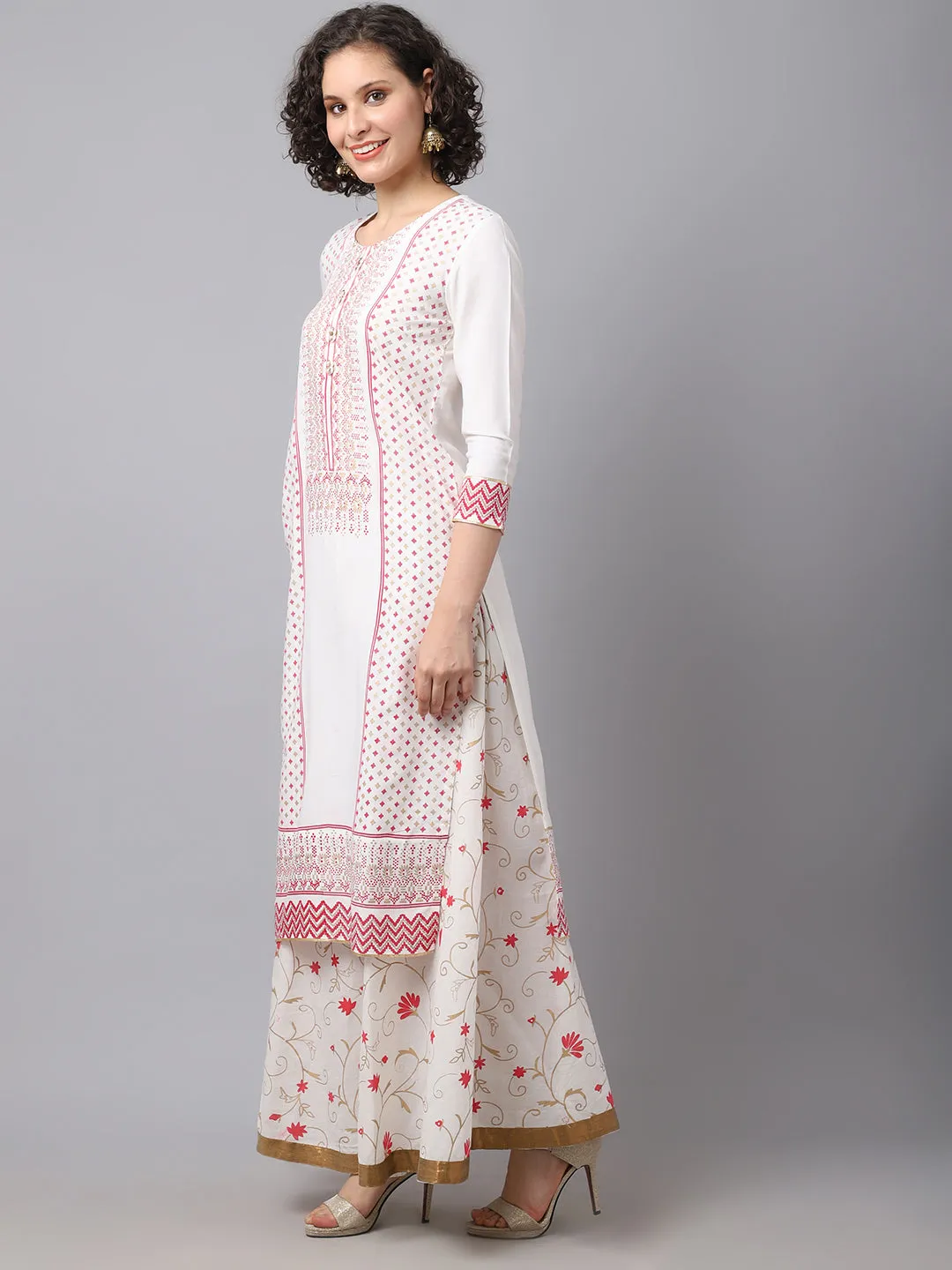 Women Off White Geometric Embroidered Thread Work Kurta And Printed Skirt