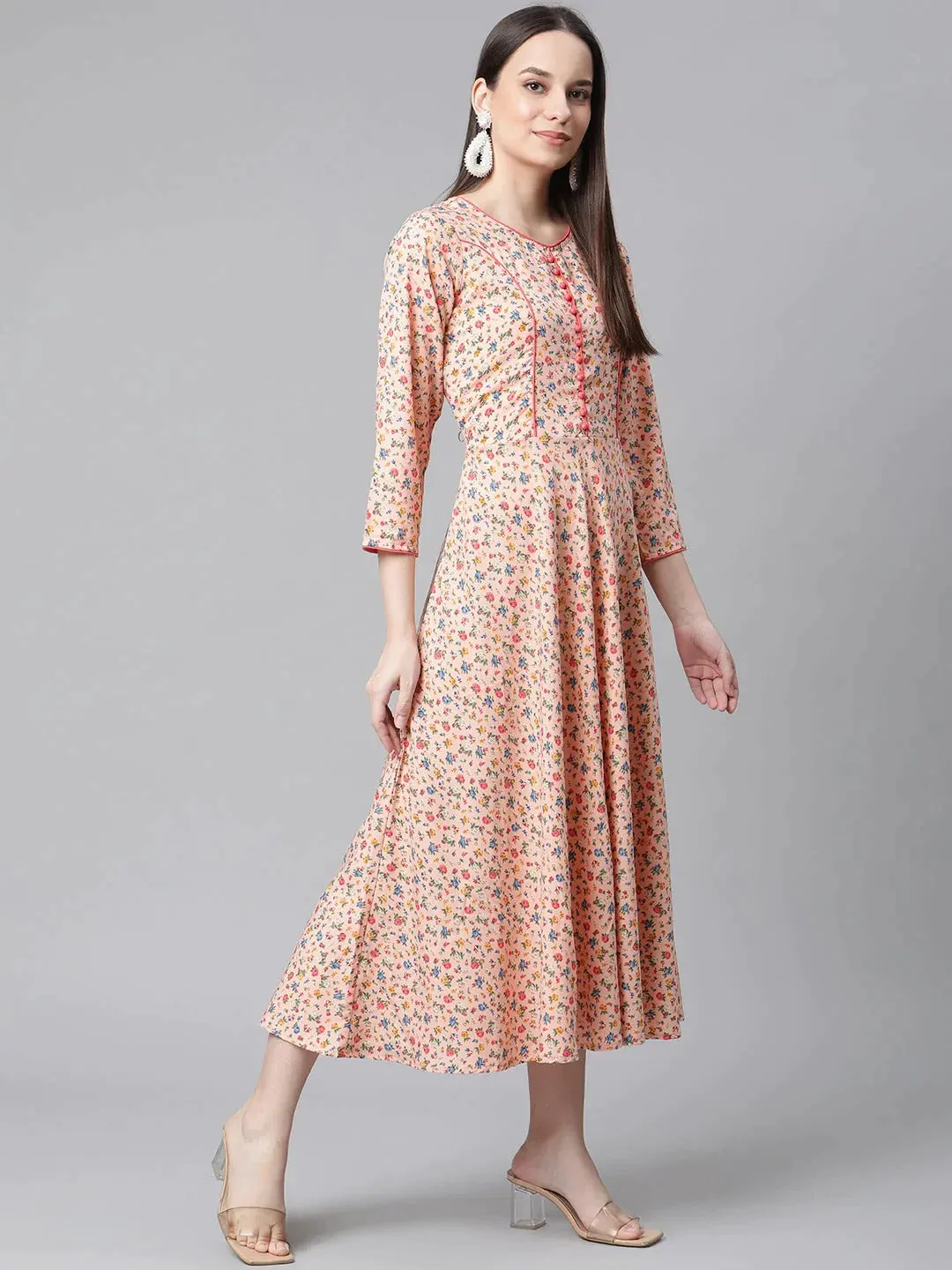 Women Orange & Blue Floral Printed Floral Kurta